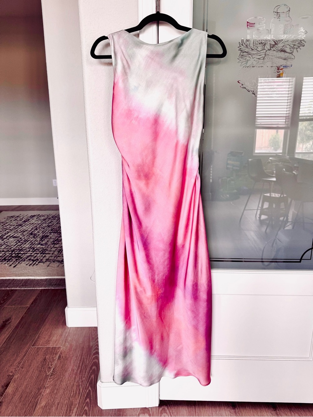 Zara Tie Dye Print Satin Midi Dress Pink Sage Cowl Neck Ruched Slit NWT Small - Picture 5 of 6